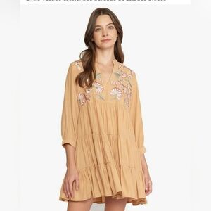Embroidered Tan Tiered Dress